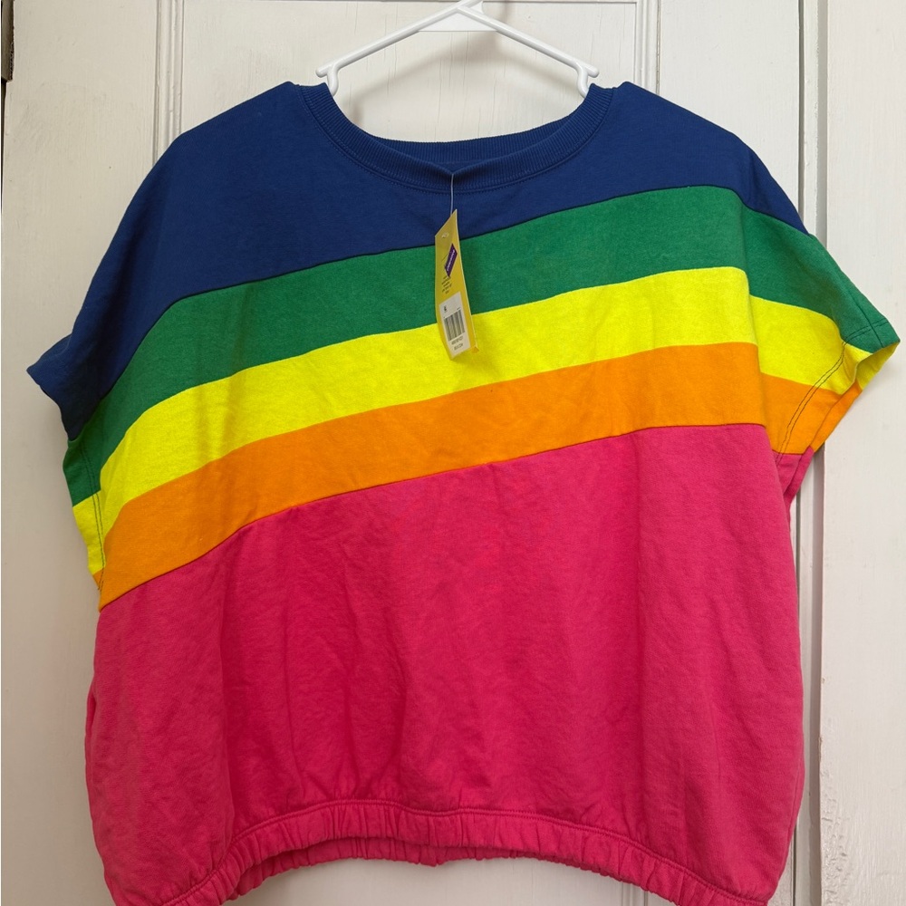 crown & ivy Rainbow Stripe Cropped Tee in Blue, Green, Yellow, Orange, Pink